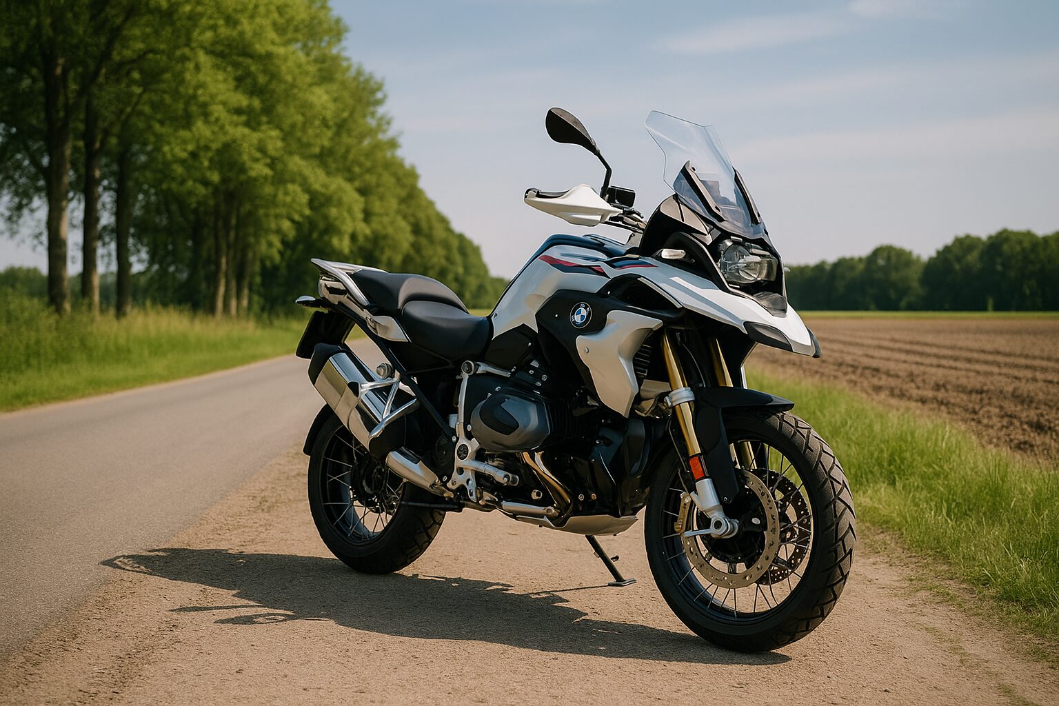 郊外の道端に停車したBMW風アドベンチャーバイクの高解像度写真