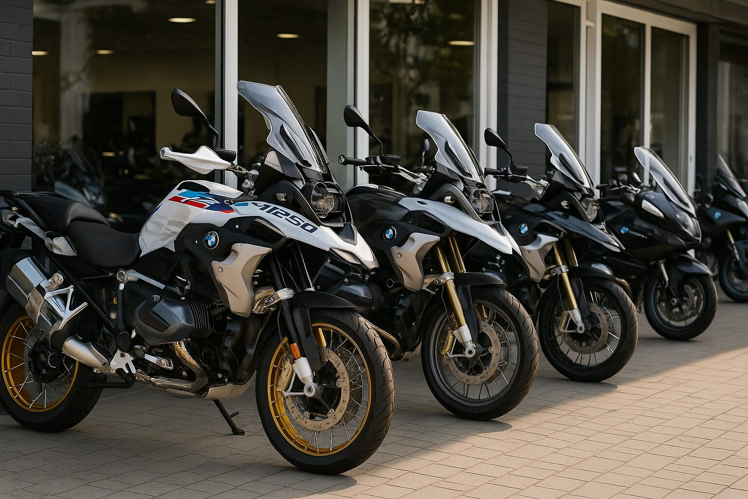 BMW風バイクがバイク販売店前に整然と並ぶ高解像度写真