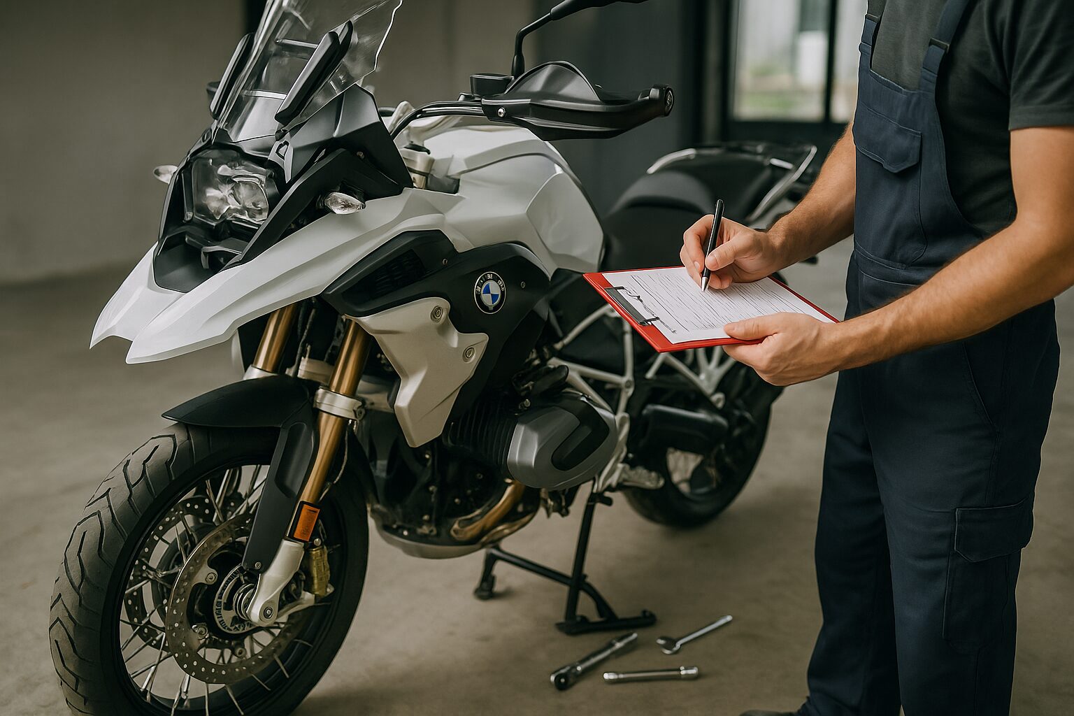 BMW風バイクの横で整備士が点検作業を行う様子と工具・チェックリスト
