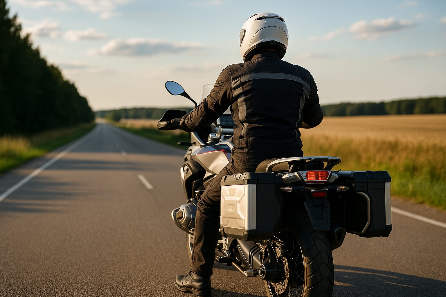 BMW風アドベンチャーバイクにまたがるライダーの後ろ姿と郊外の広い直線道路
