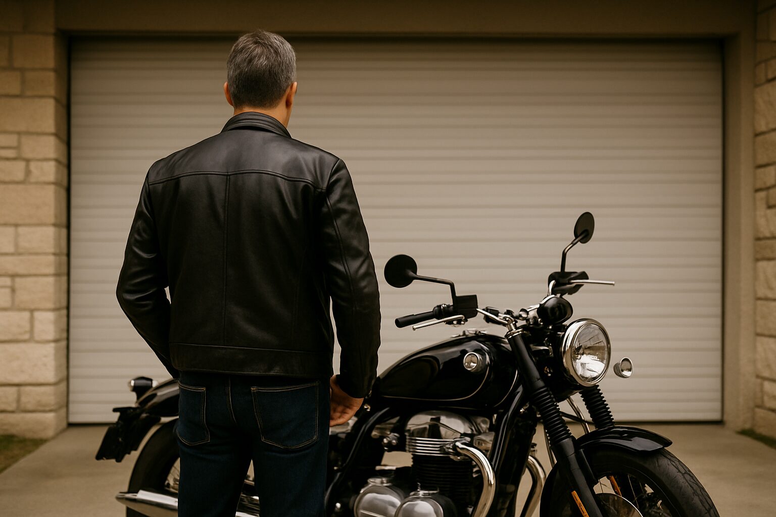 ガレージ前でバイクと向き合う中年ライダーの後ろ姿の横長写真