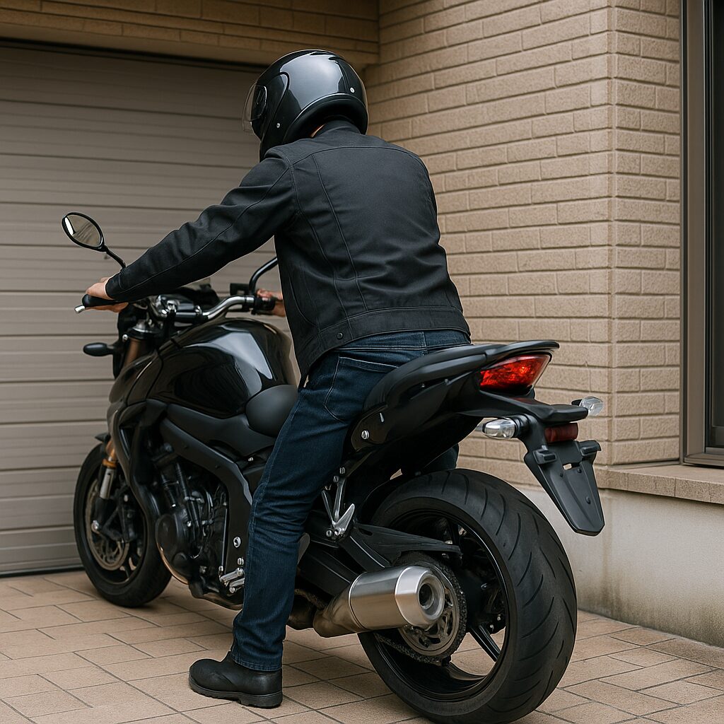 自宅前の狭い駐車スペースで大型バイクを押すライダーの後ろ姿
