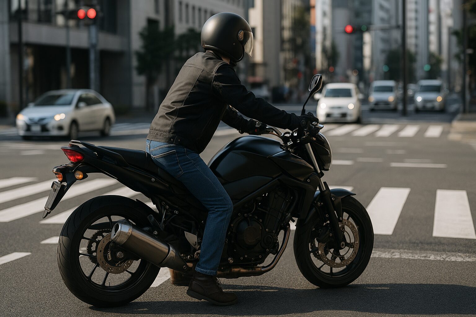 市街地の交差点で信号や対向車とすれ違う大型バイクのライダー