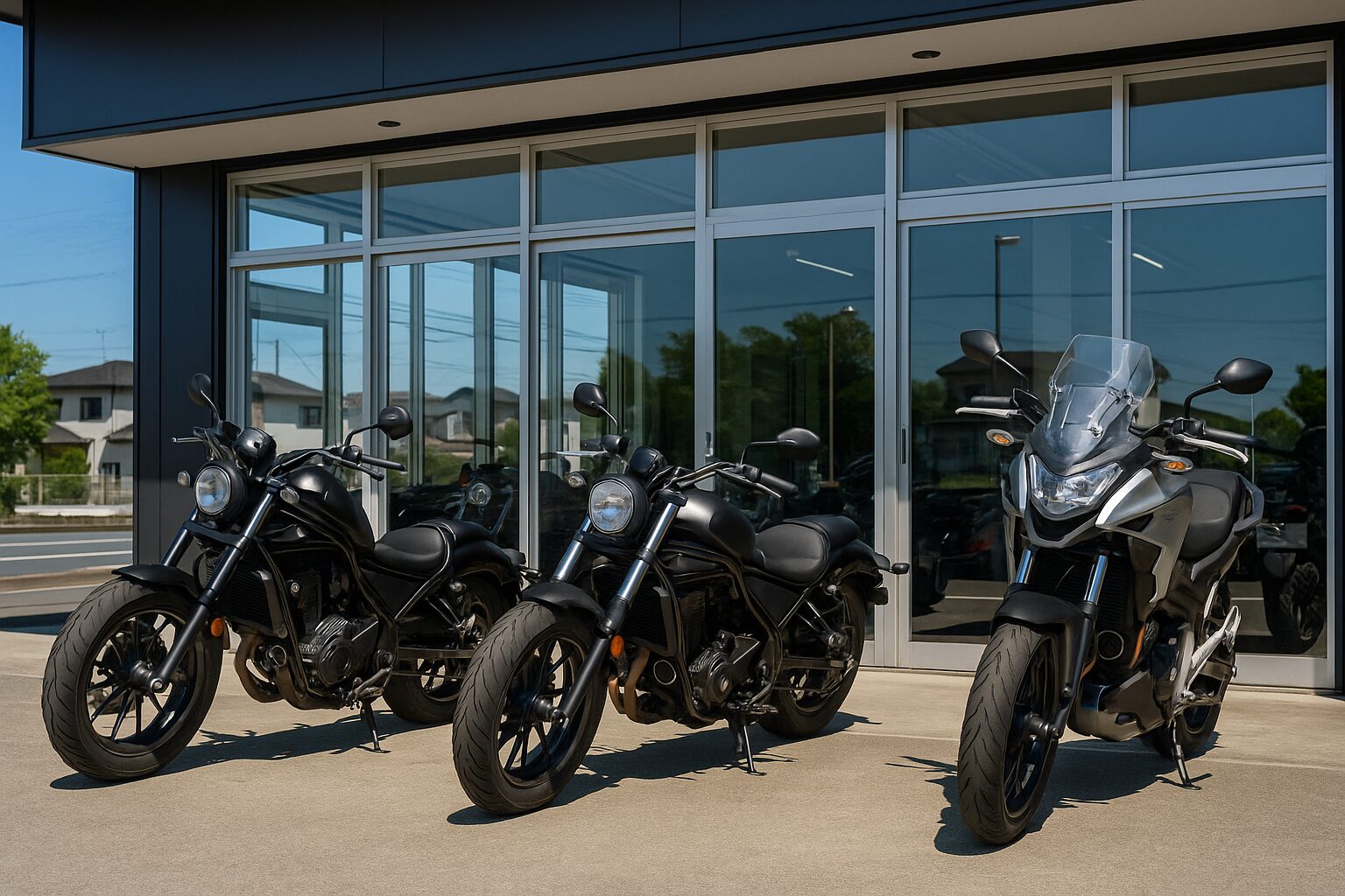 晴天の下、バイクショップ前に並ぶ大型バイク3台（Rebel 1100風・Vulcan S風・NC750X風）