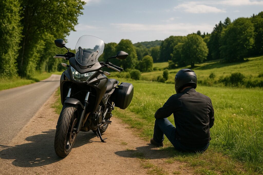 郊外の静かな道で停車し、休憩中のライダーと大型バイクの後ろ姿