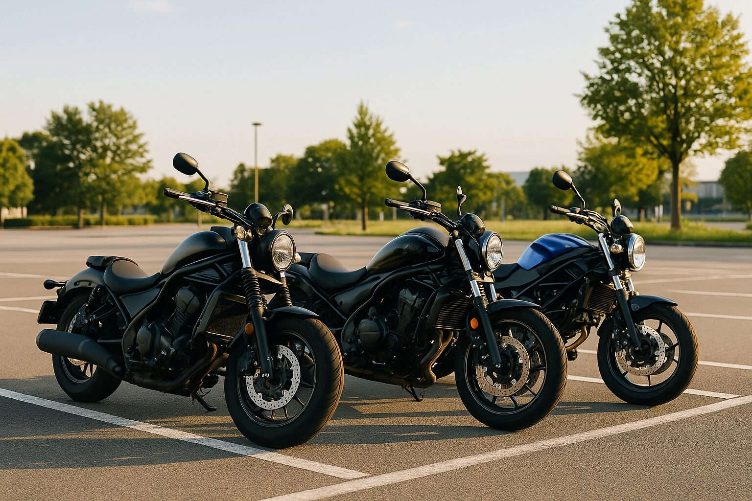 街中の駐車場に停車する大型バイク3台（Rebel 1100風、Vulcan S風、SV650風）