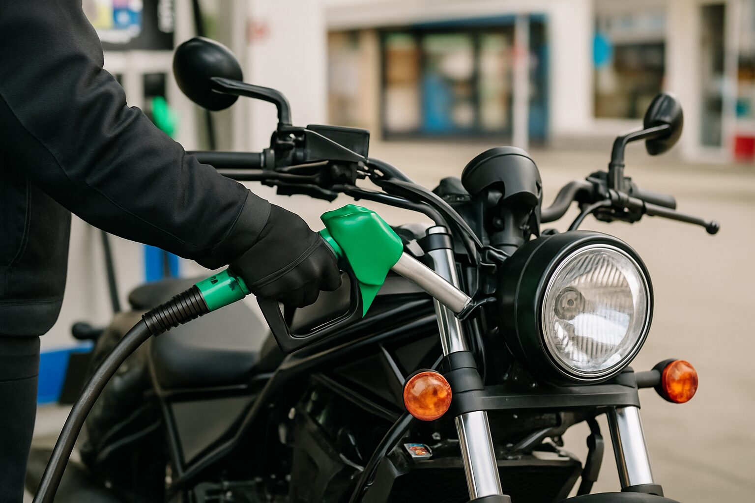 大型バイクの給油シーンでノズルを持つライダーの手元