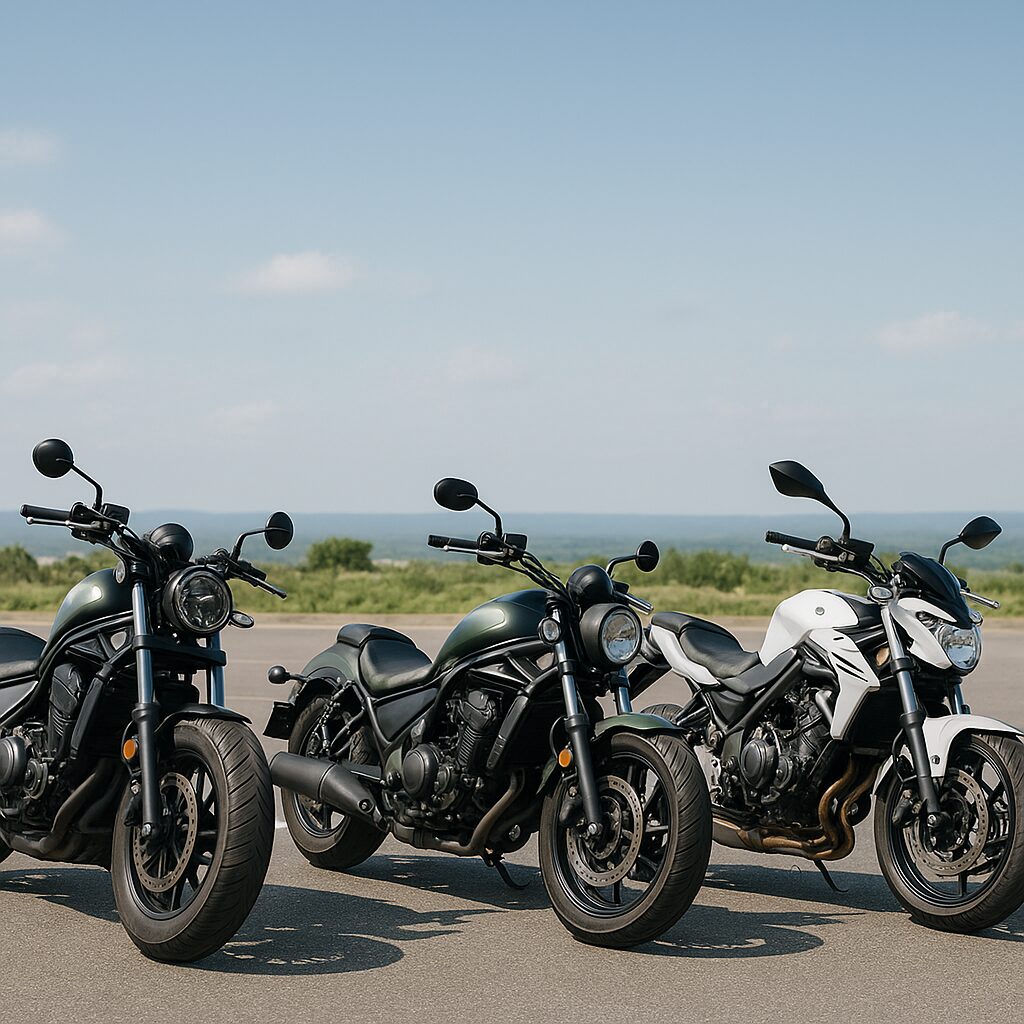 郊外の駐車場に並ぶRebel 1100風、Vulcan S風、SV650風の大型バイク3台