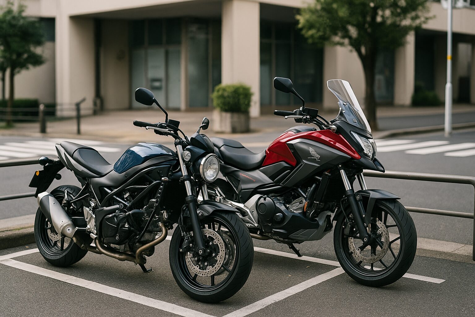 街中の駐輪場に停車するSV650風とNC750X風の大型バイク2台