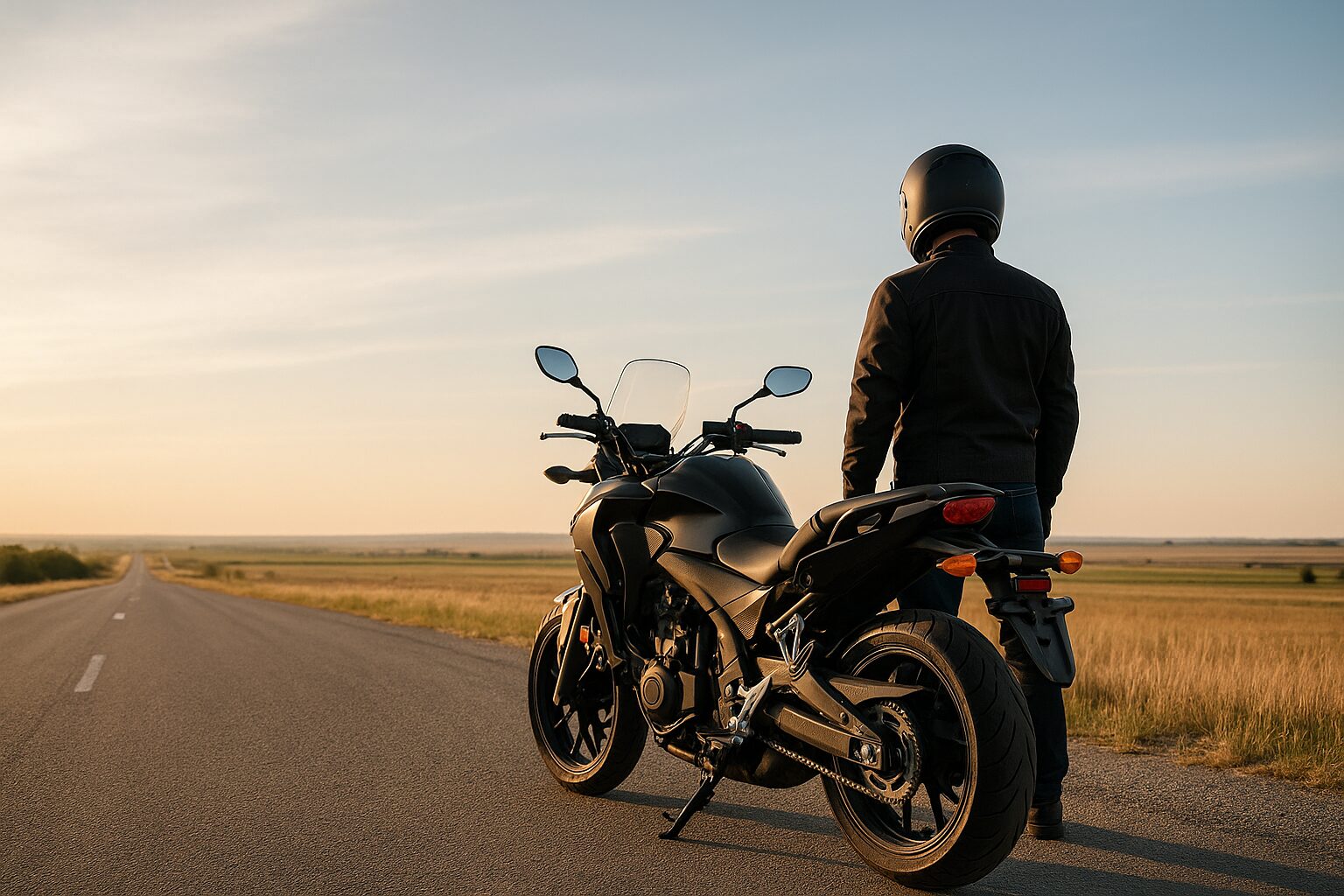 広い道沿いに停車した大型バイクとライダーの後ろ姿、開けた空の下で遠くを見つめている