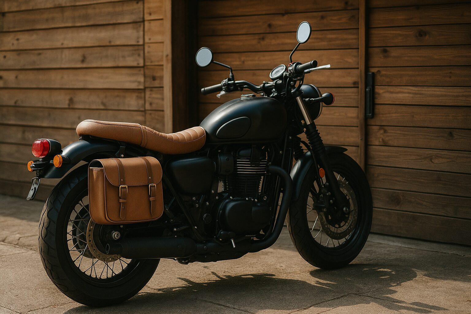 ベージュのレザーシートとブラウンのサイドバッグが装着された大型バイクが、木造ガレージ前に停車している