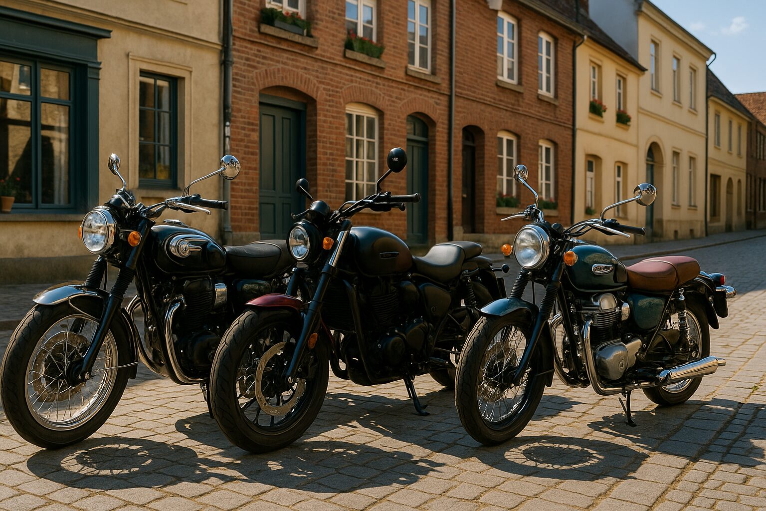石畳の町並みに並んで停車する3台のレトロな大型バイク（W800風・Rebel 1100風・Meteor 350風）