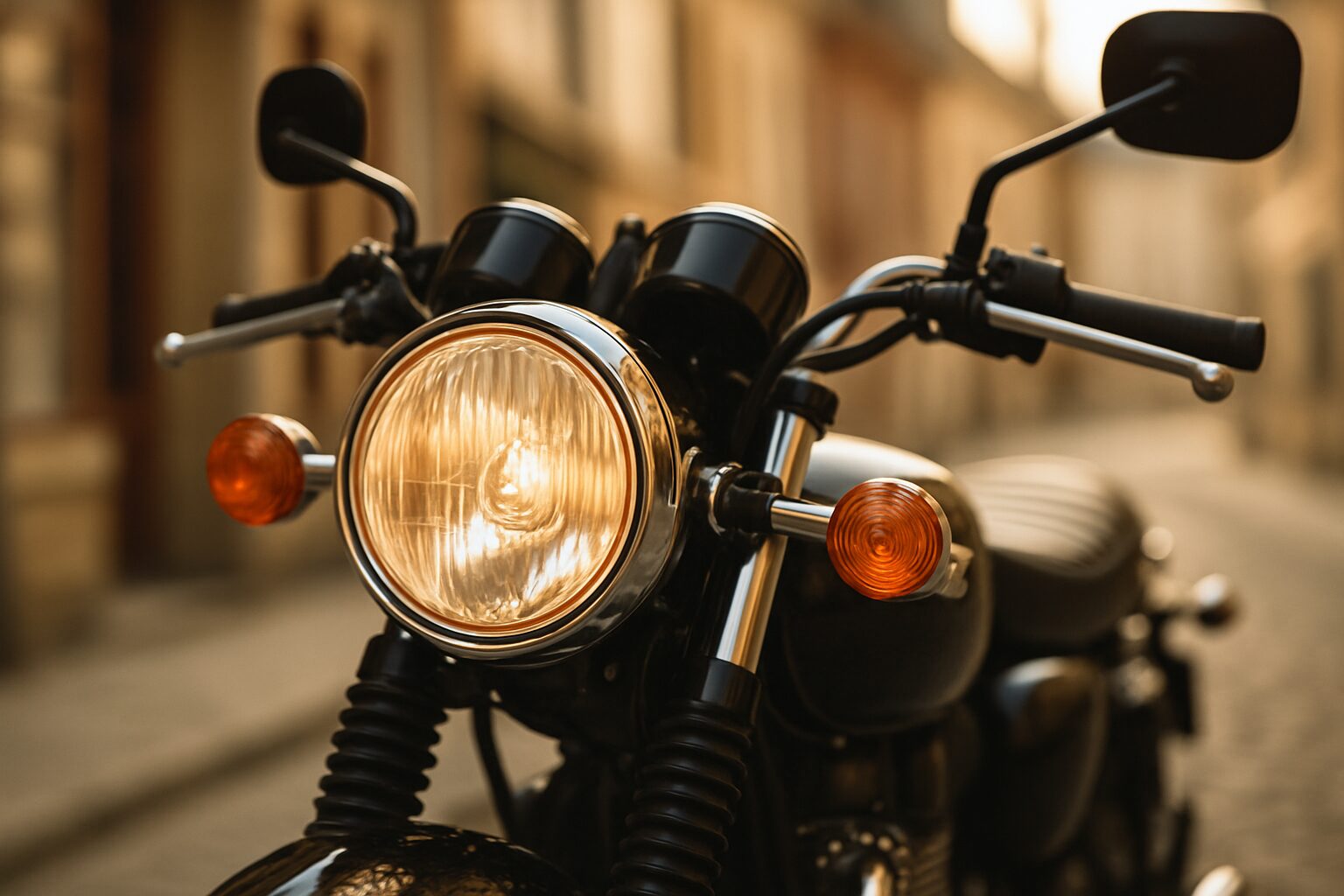 クラシックな大型バイクの丸目ライトをアップで撮影した構図。背景は柔らかくぼけた街並み
