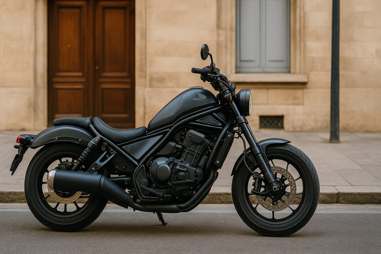 低いシート高が特徴のレトロな大型バイク（Rebel 1100風）が街角に横向きで停車している様子