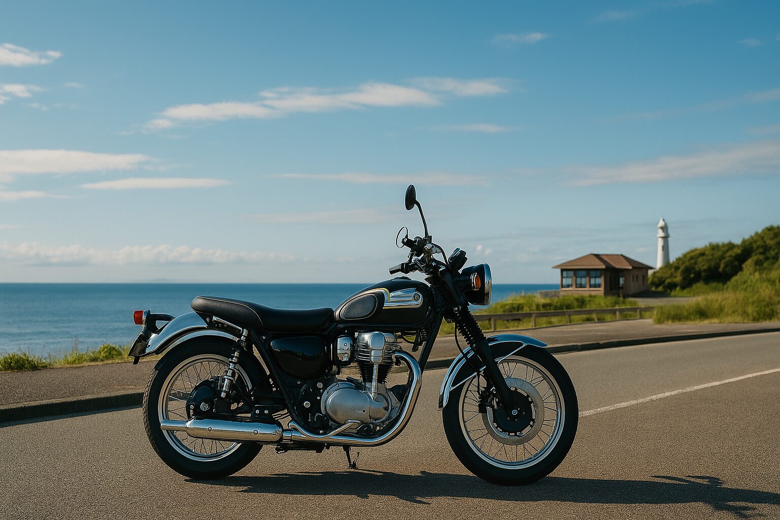 レトロな大型バイク（W800風）が海沿いの道に停車し、カフェと灯台が背景にぼんやり映る構図
