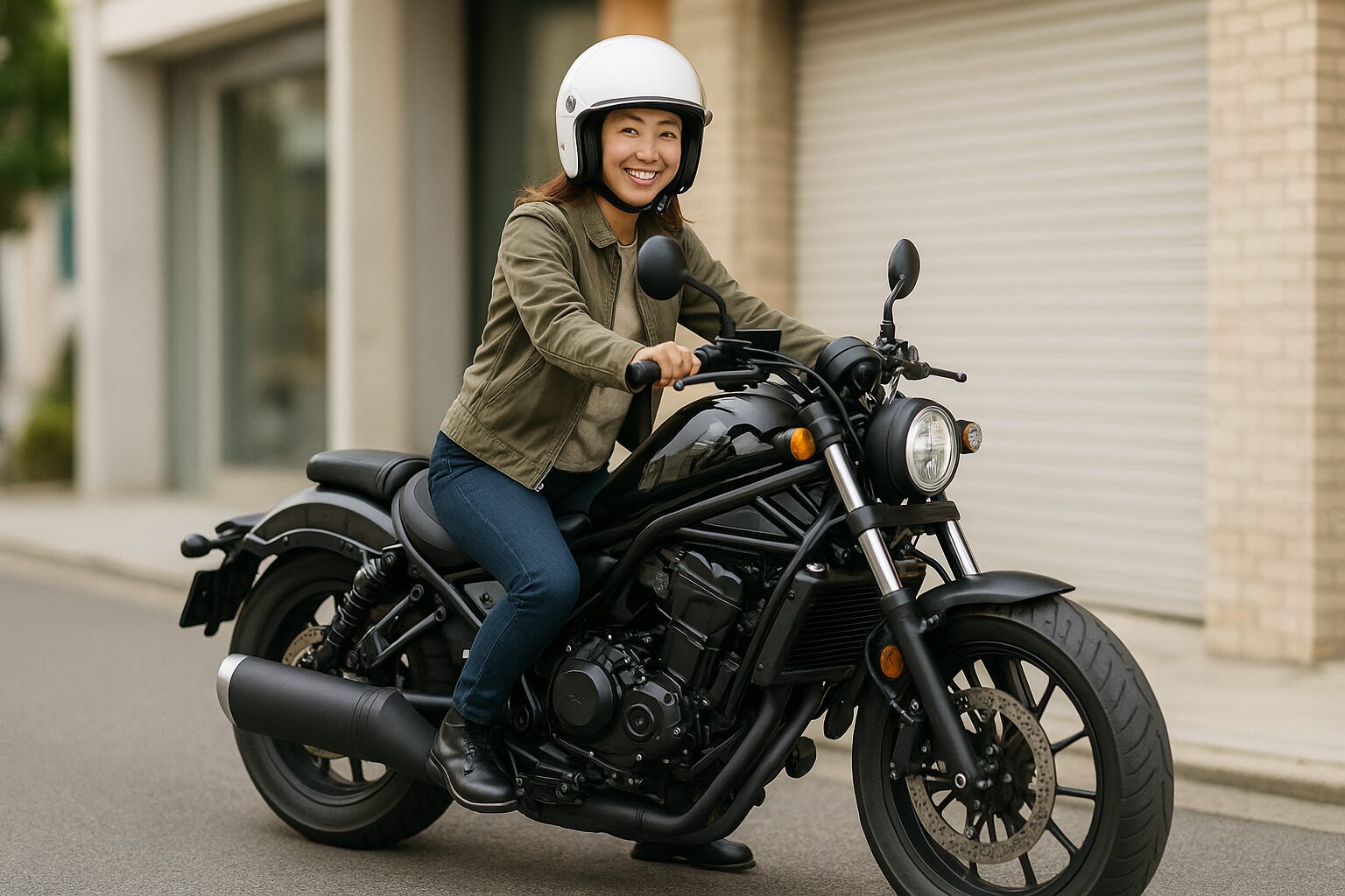 小柄な女性ライダーがRebel 1100風の大型バイクにまたがり、街角で笑顔を見せている様子