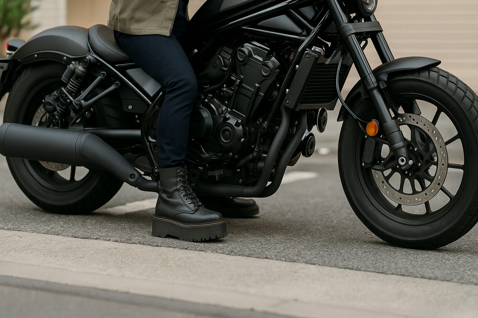 厚底ブーツを履いた女性ライダーの足元と、ローダウンカスタムされたRebel 1100風バイクの足まわりの様子