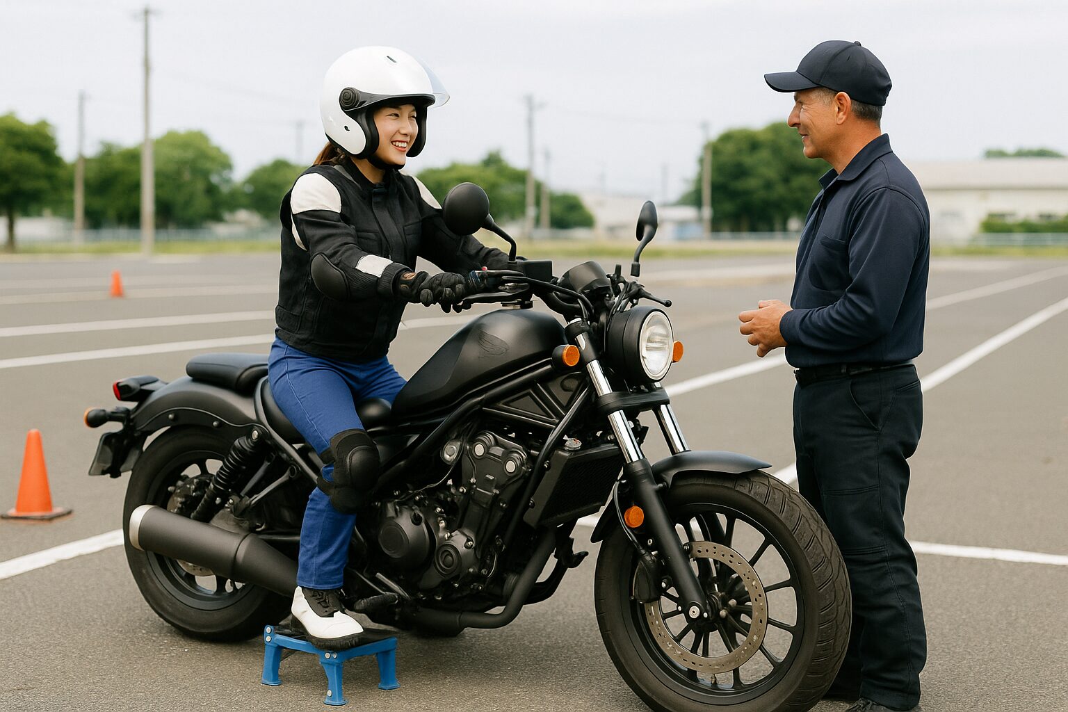 教習所のコースで大型バイクの横に立ち、指導員と話す小柄な女性ライダーの様子