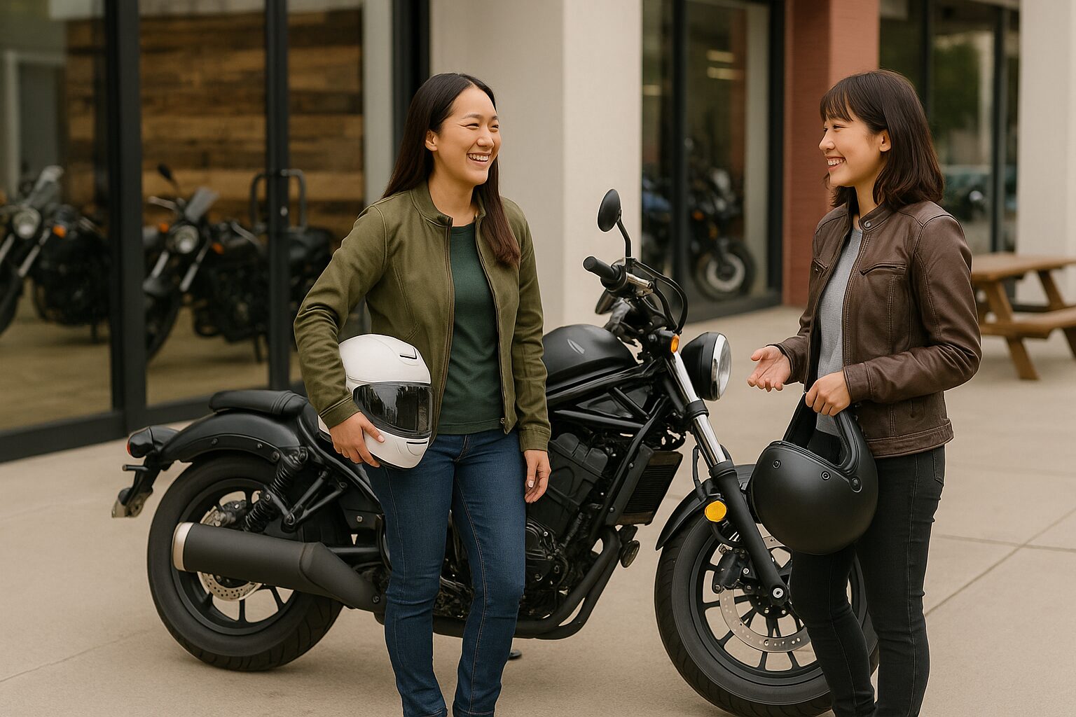 バイクの横で笑顔で会話する2人の女性ライダー。Rebel風のバイクが背景にあり、ショップ前でリラックスした雰囲気
