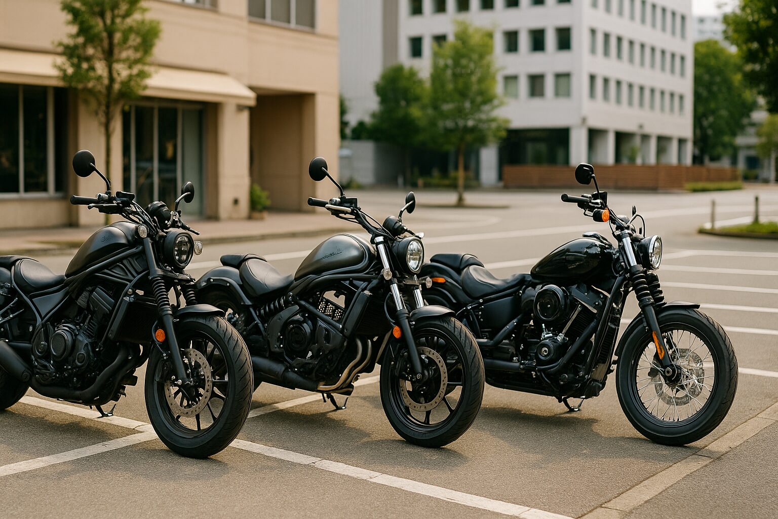 Rebel 1100風・Vulcan S風・Street Bob 114風の3台が街中で横並びに停車している様子