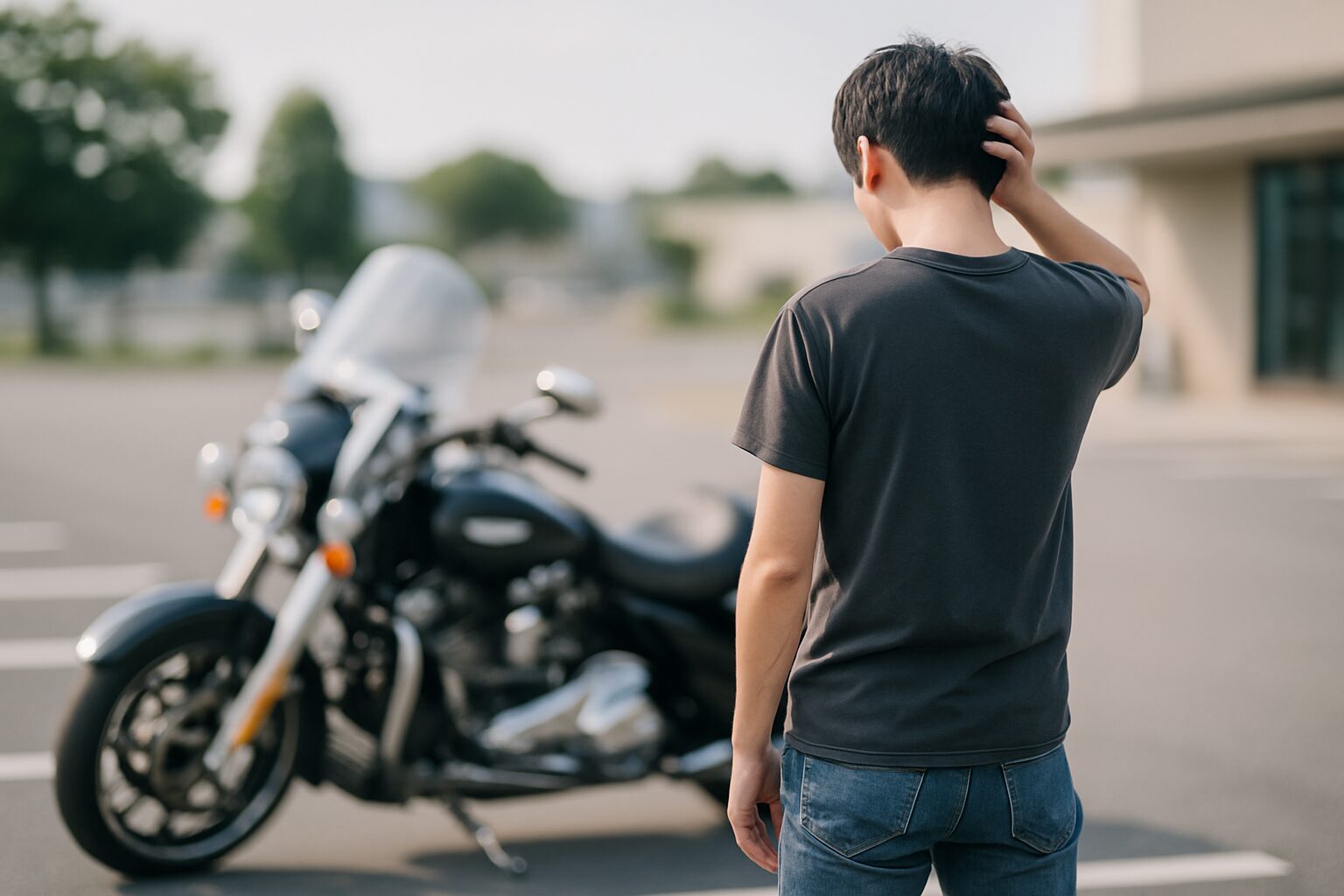 大型バイクを前に悩んで立ち尽くす若い男性ライダーの後ろ姿（駐車場）