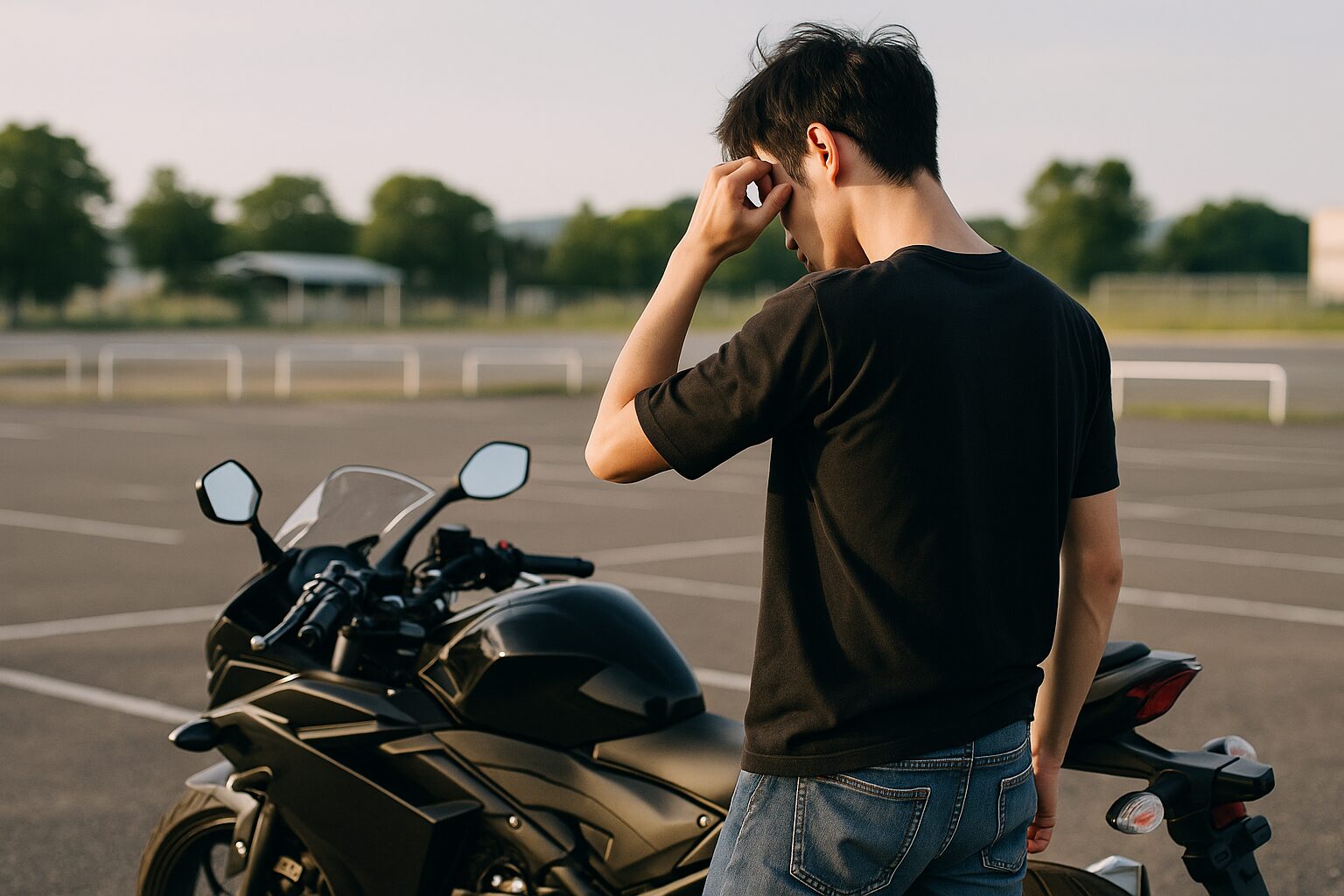 バイクの横で汗をぬぐう細身の男性ライダーの後ろ姿（郊外の駐車場）
