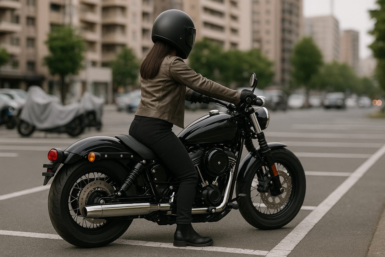 ローダウンされた大型バイクにまたがる小柄な女性ライダーの後ろ姿