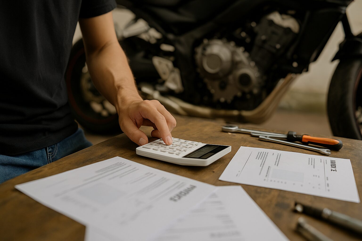 整備中のバイクを前に電卓を操作するライダーの手元