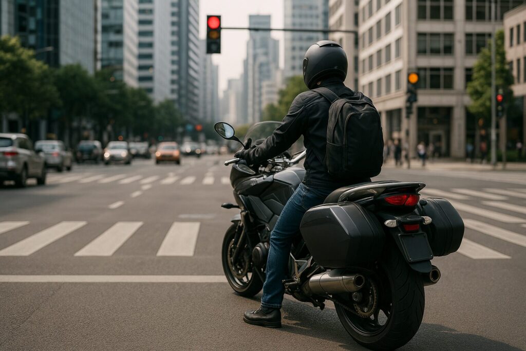 都市部を低速で走る大型バイクと通勤ライダーの後ろ姿