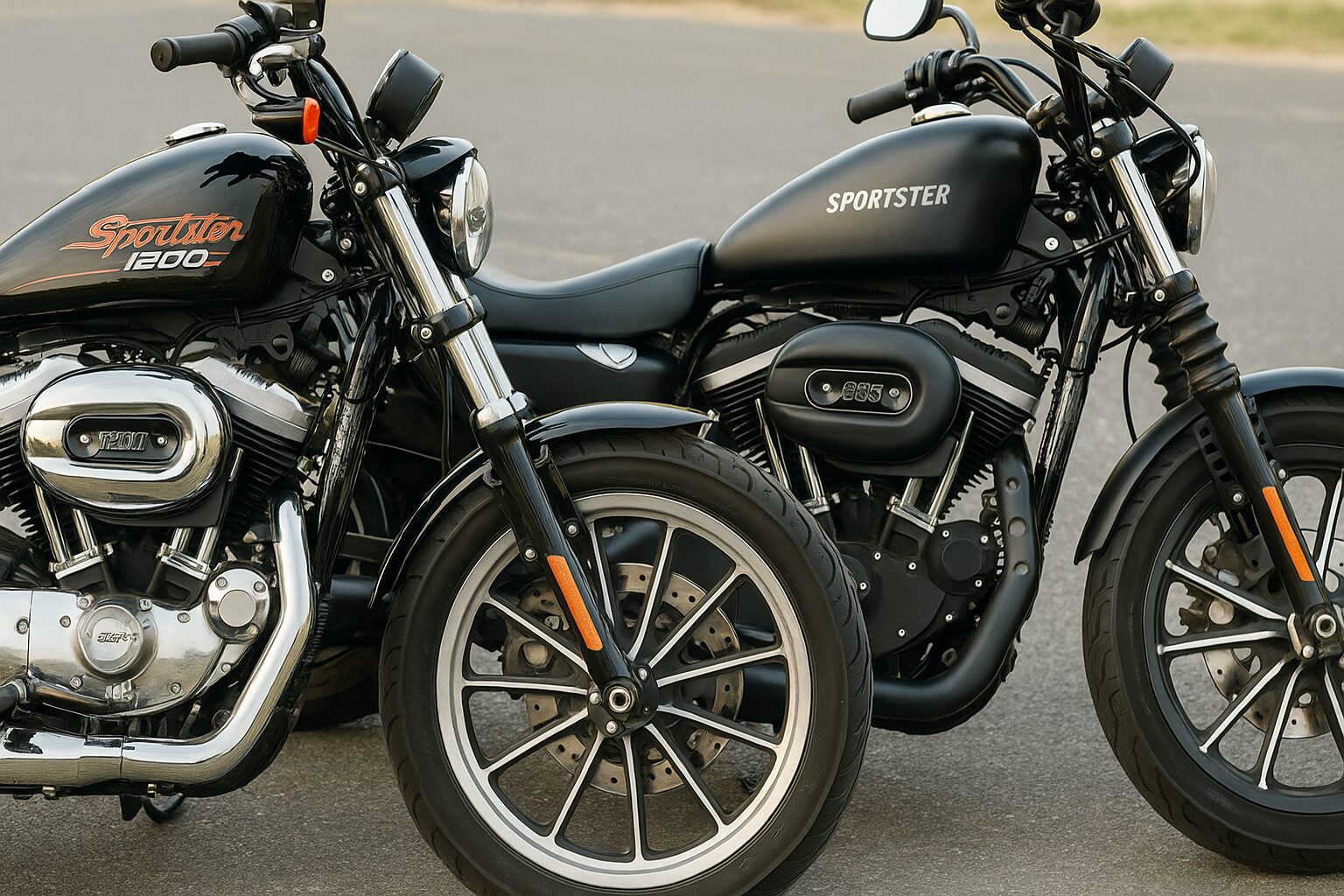 停車中のスポーツスター1200と883のエンジンを斜め前から撮影した写真。舗装路上に並ぶ2台