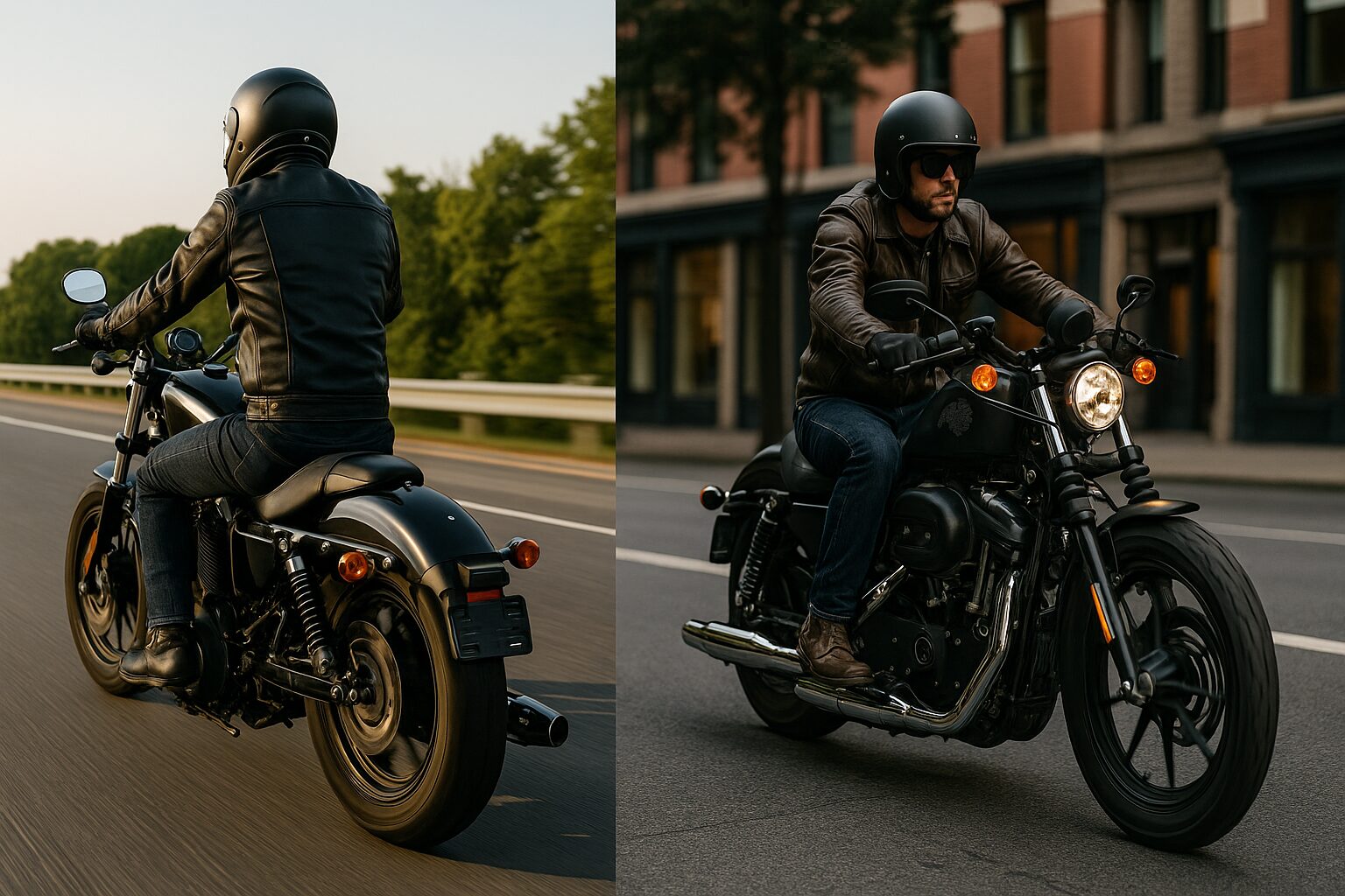 高速道路を走行するスポーツスター1200と、街中を走る883のライダーを比較した合成構図