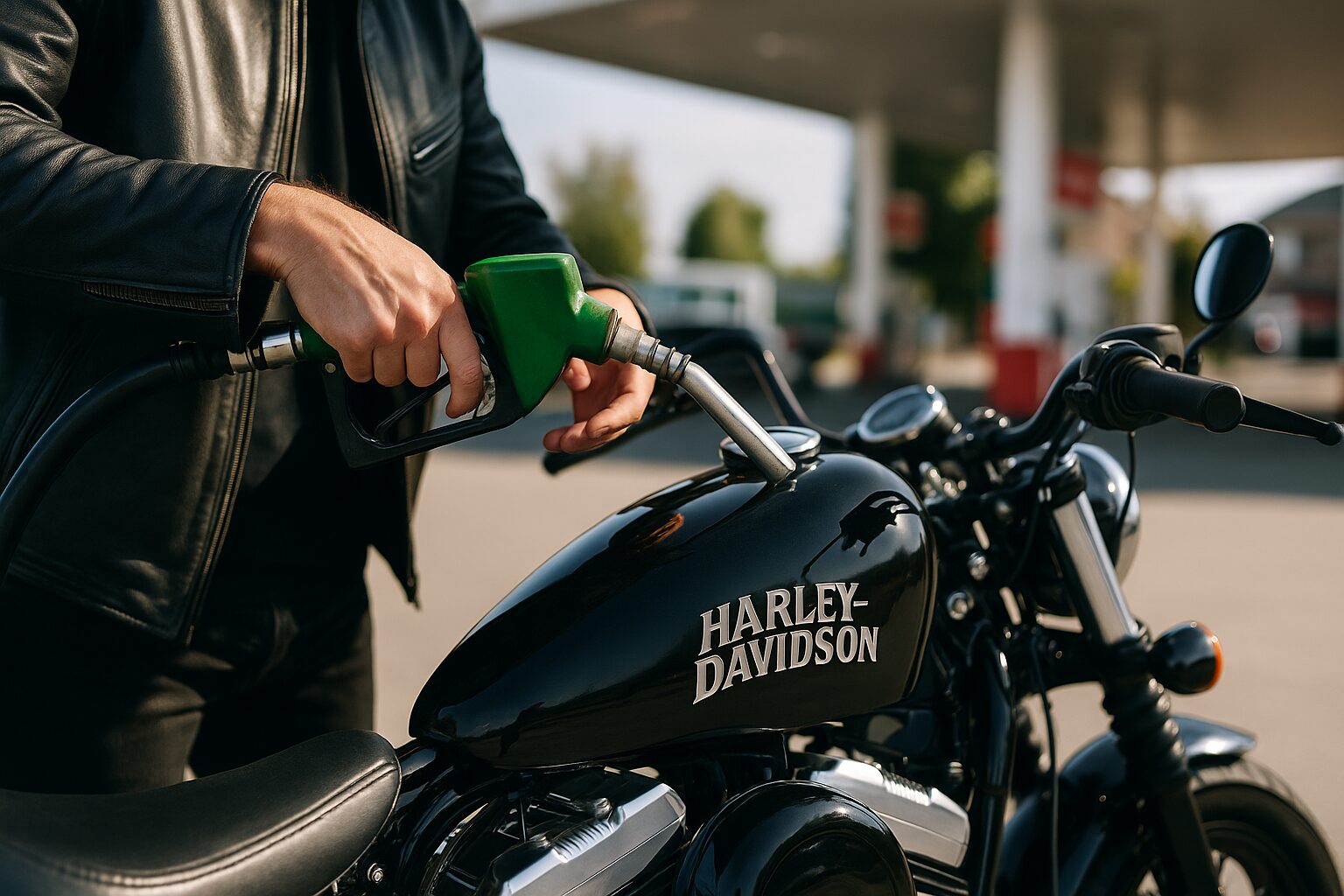 ガソリンスタンドでクラシックタイプのハーレーに給油するライダーの手元の写真