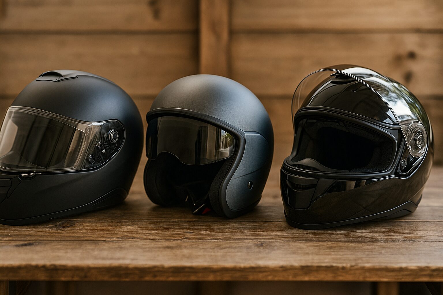 フルフェイス・ジェット・システムの3種類のバイク用ヘルメットが木製テーブルに並べられている写真