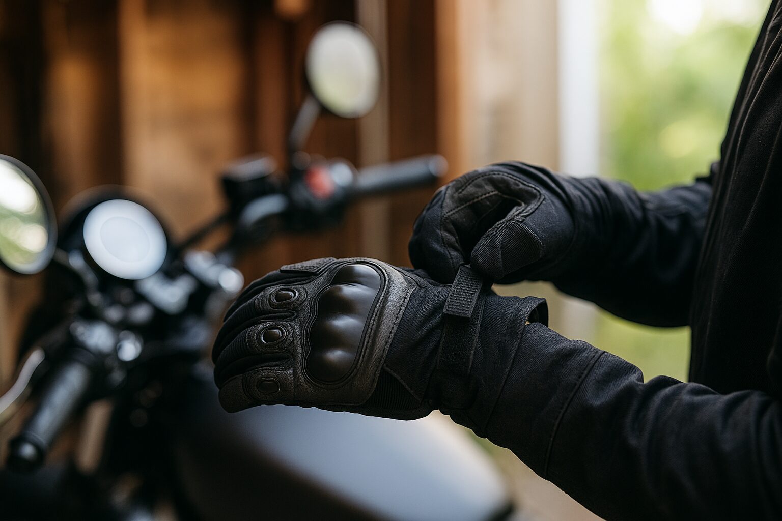 ライダーがプロテクター付きのバイク用グローブを装着しているアップ写真