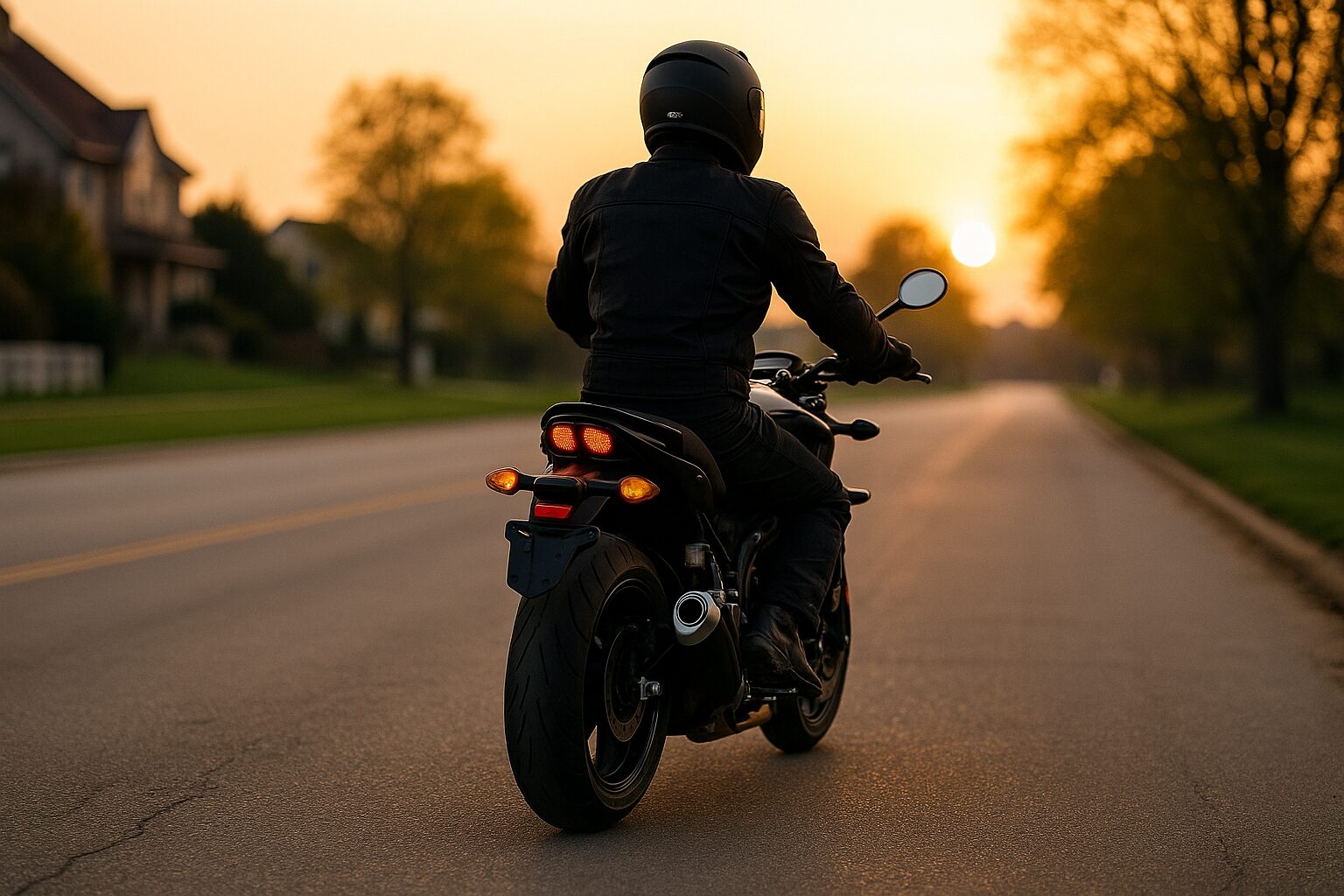 フル装備の初心者ライダーが夕暮れの郊外をバイクで出発する後ろ姿の写真