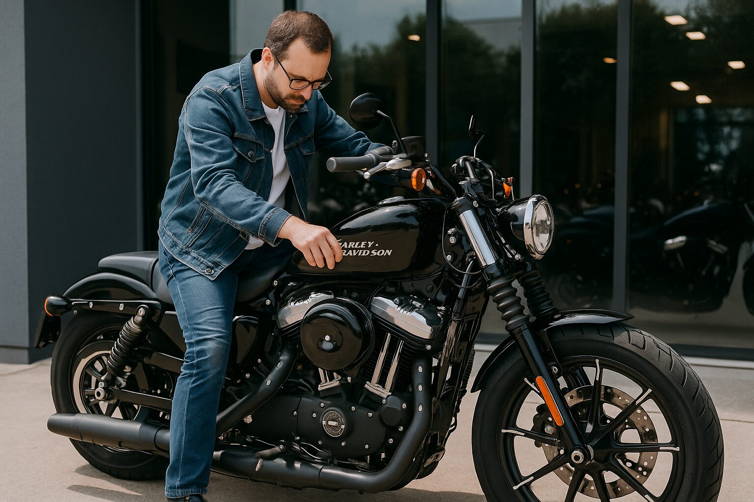 複数のハーレーにまたがるライダーたちとバイクのシート高を比較する様子