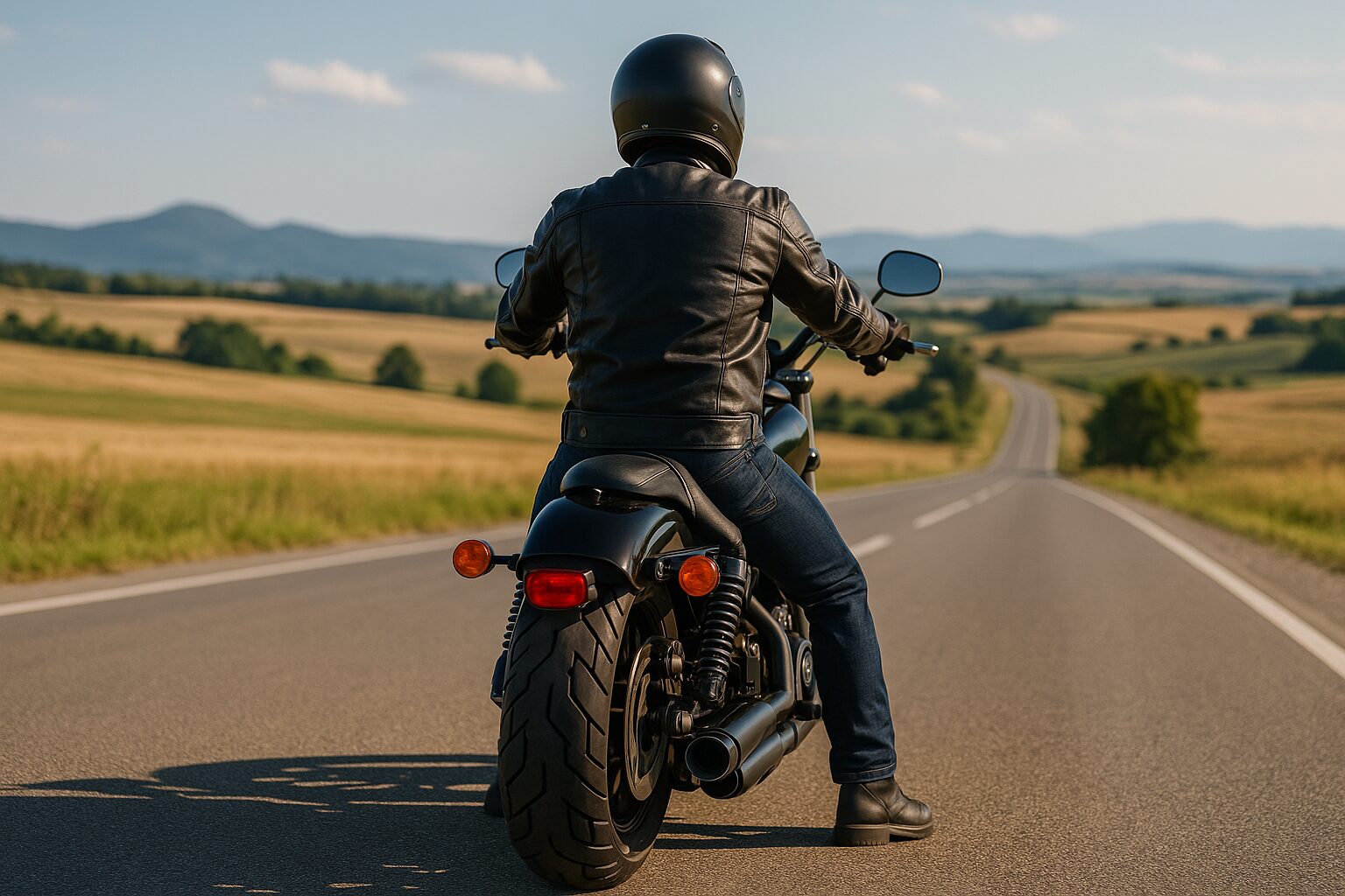 広い郊外の道路を見つめるライダーと黒いクルーザーバイクの後ろ姿