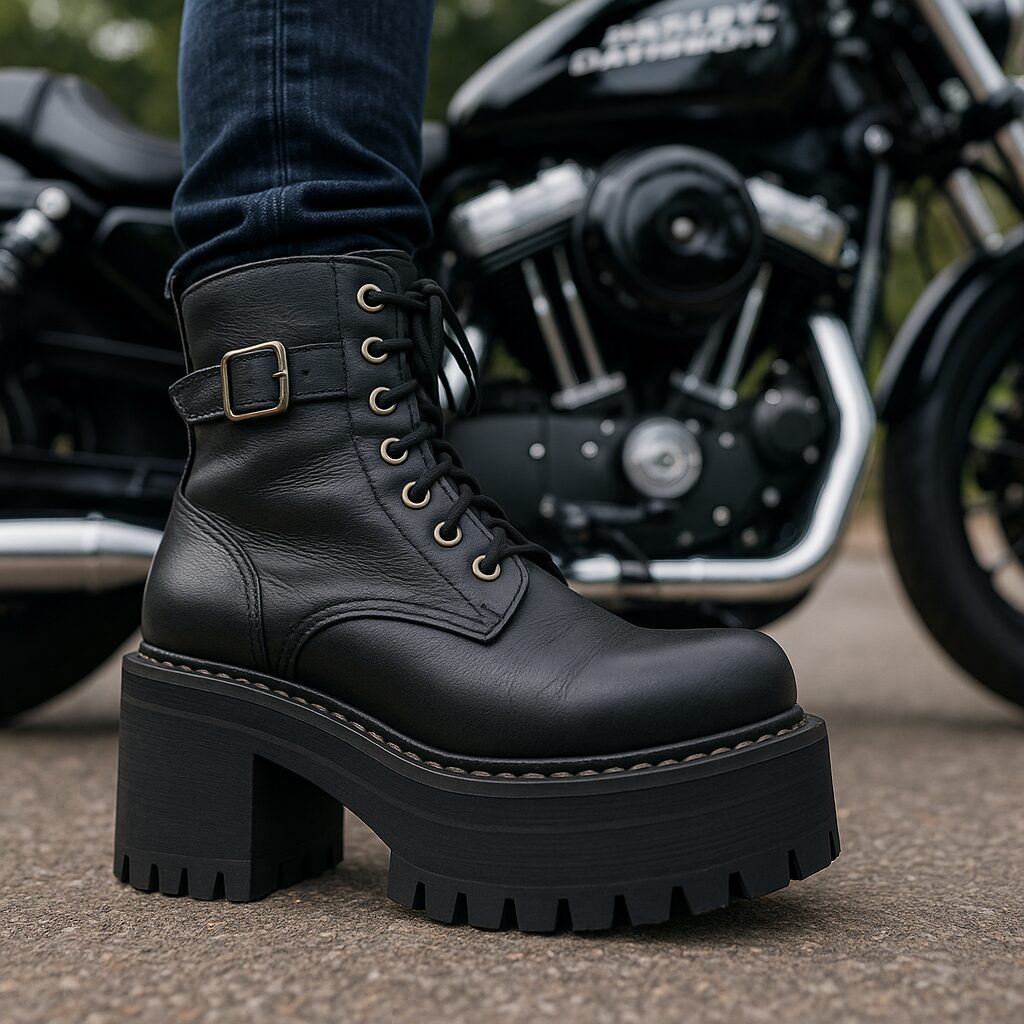 厚底ブーツを履いたライダーの足元とバイクのペダル周辺
