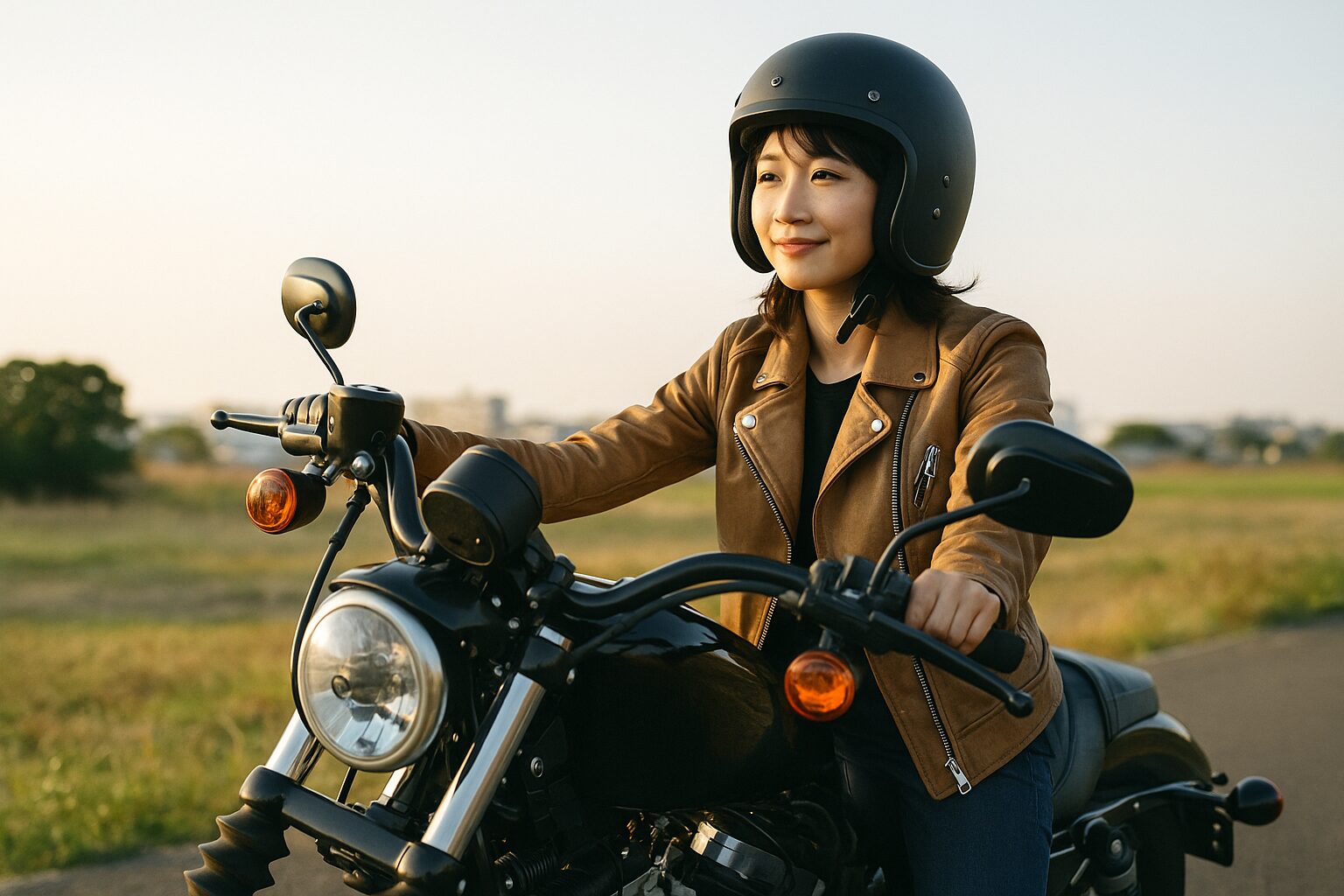 小柄な女性ライダーが軽めのハーレーにまたがっている場面