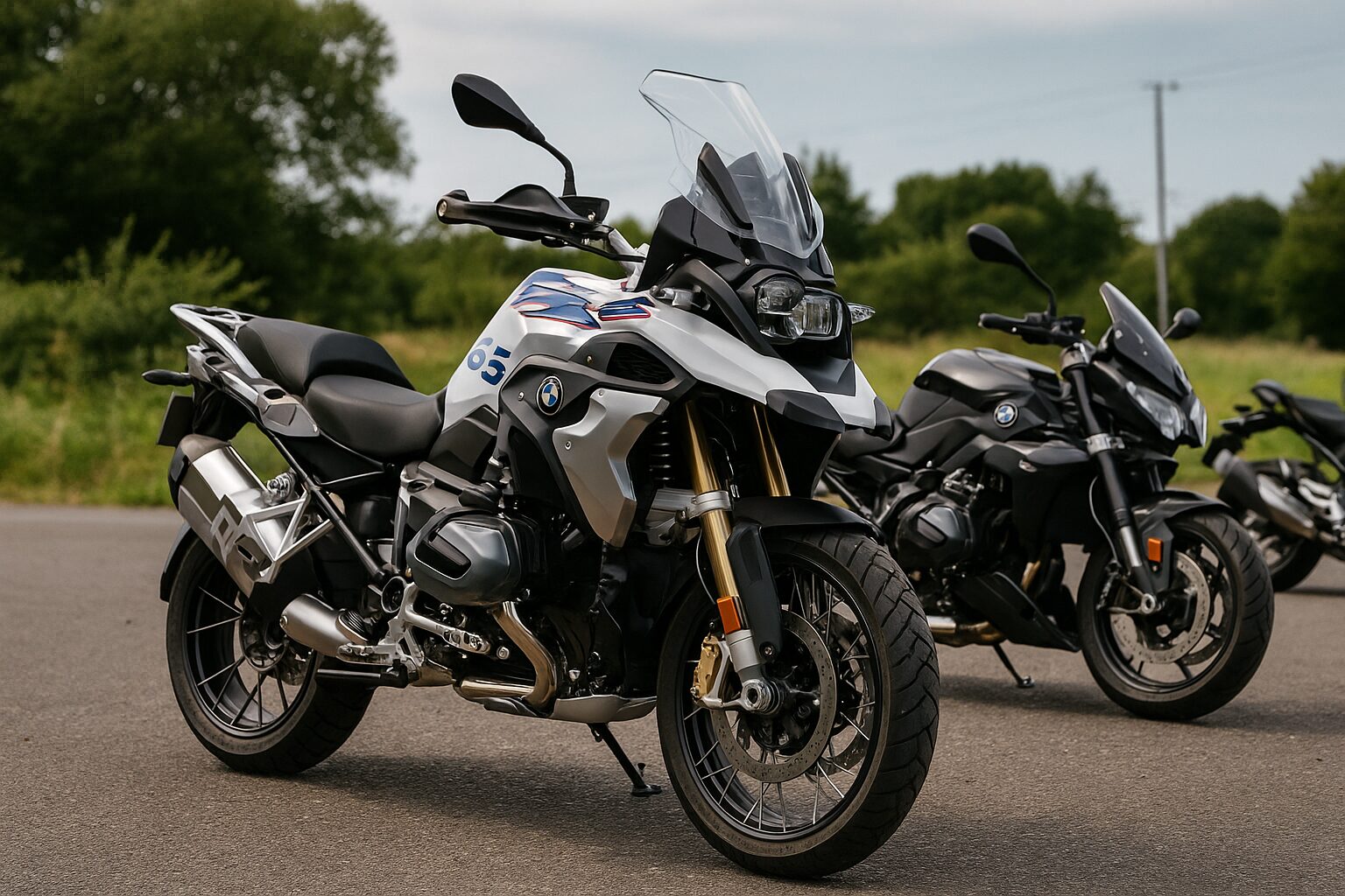 BMW風のR1250GSを先頭に、複数モデルが並ぶ展示風景の高解像度写真