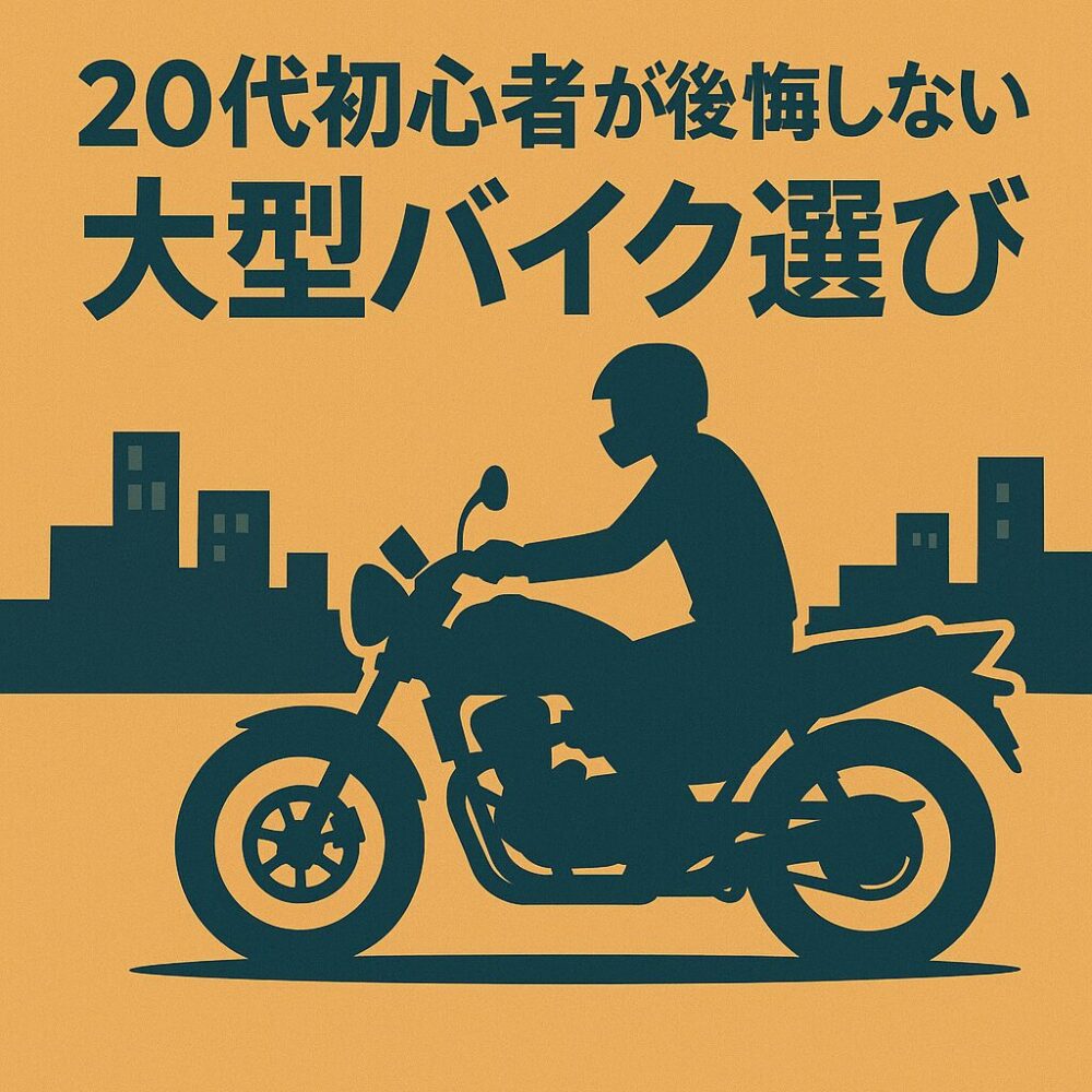 20代初心者の男性ライダーが大型ネイキッドバイクに乗って街中を走行しているイラスト風デザイン