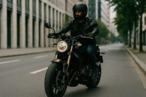 ネイキッドタイプの大型バイクで街中を走る20代男性ライダー