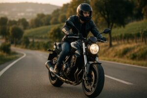ツーリングを楽しむ20代の男性ライダーと大型バイク