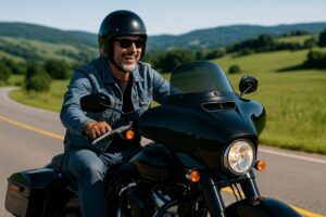 大型バイクを楽しそうに運転する40代男性ライダーのイメージ