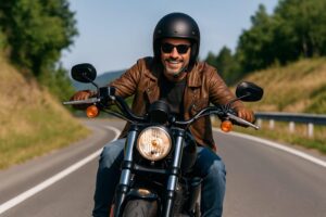 大型バイクを走らせながら笑顔を見せる40代男性ライダーの前向きな表情