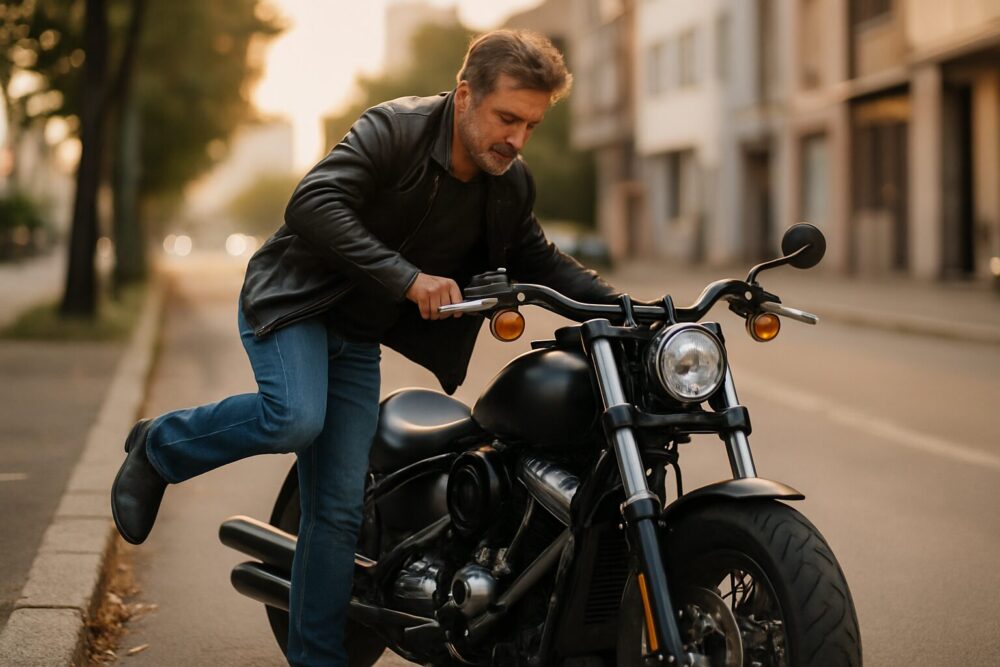 ストレッチを終えてバイクにまたがろうとする中年男性ライダー