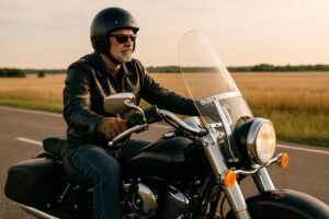 50代の男性がヘルメットをかぶり大型バイクで夕暮れの街道を走る様子