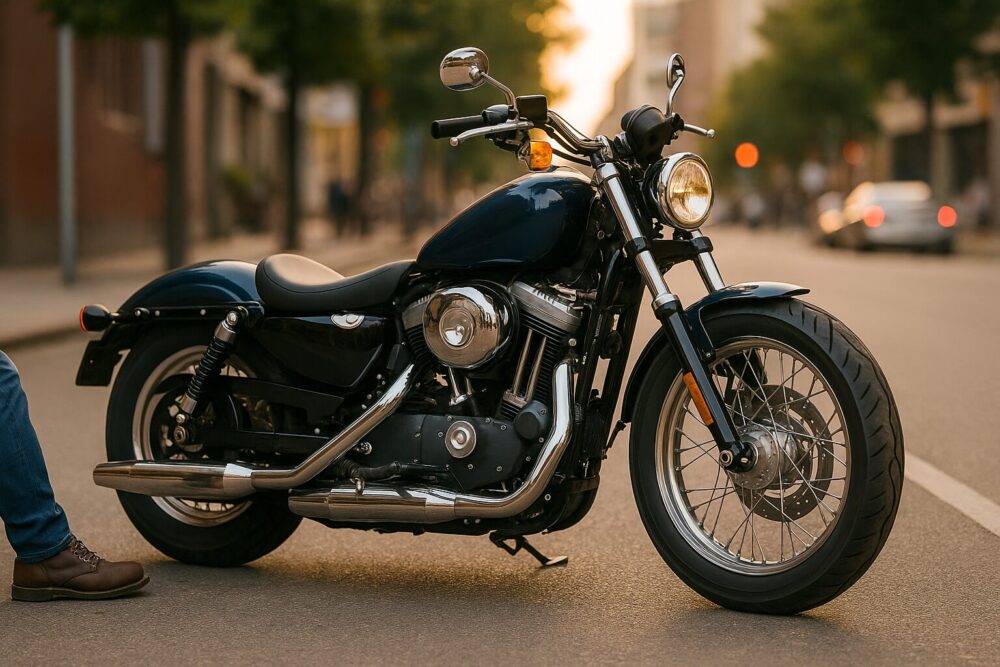 停車中の低シート高の大型バイクと、足つきの良さに安心するライダー