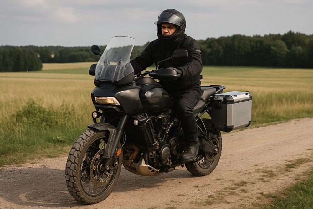 アドベンチャーバイクでソロツーリングを楽しむ中年ライダーの写真