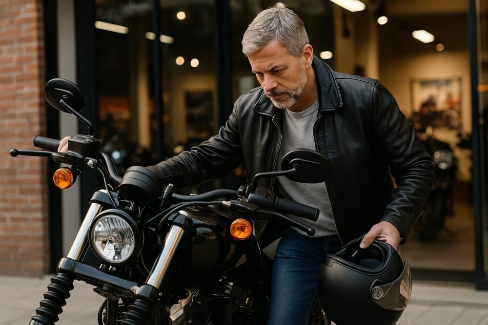 バイクショップの前で大型バイクにまたがる50代男性ライダーの試乗確認シーン。